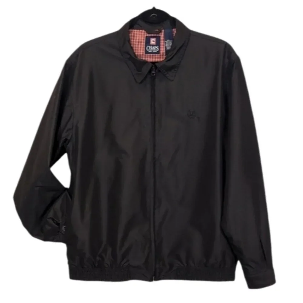 💠Chaps Harrington Jacket Black Full Zip Plaid Lined Mens Medium Lightweight - Picture 1 of 12